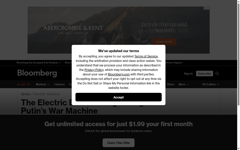 Bloomberg screenshot: The Electric Bikes Facing Off Against Putin's War Machine