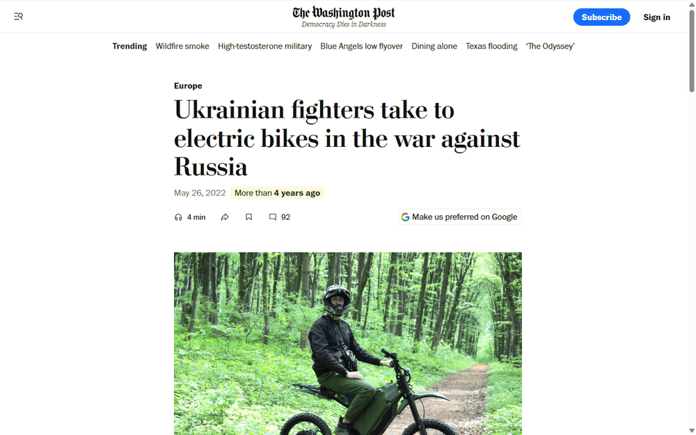 Screenshot of Washington Post article: Ukrainian fighters use electric bikes in the war against Russia
