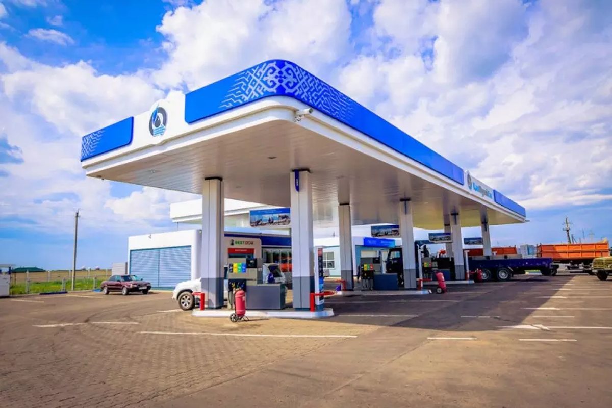 A modern KazMunayGas fuel station on a highway in Kazakhstan