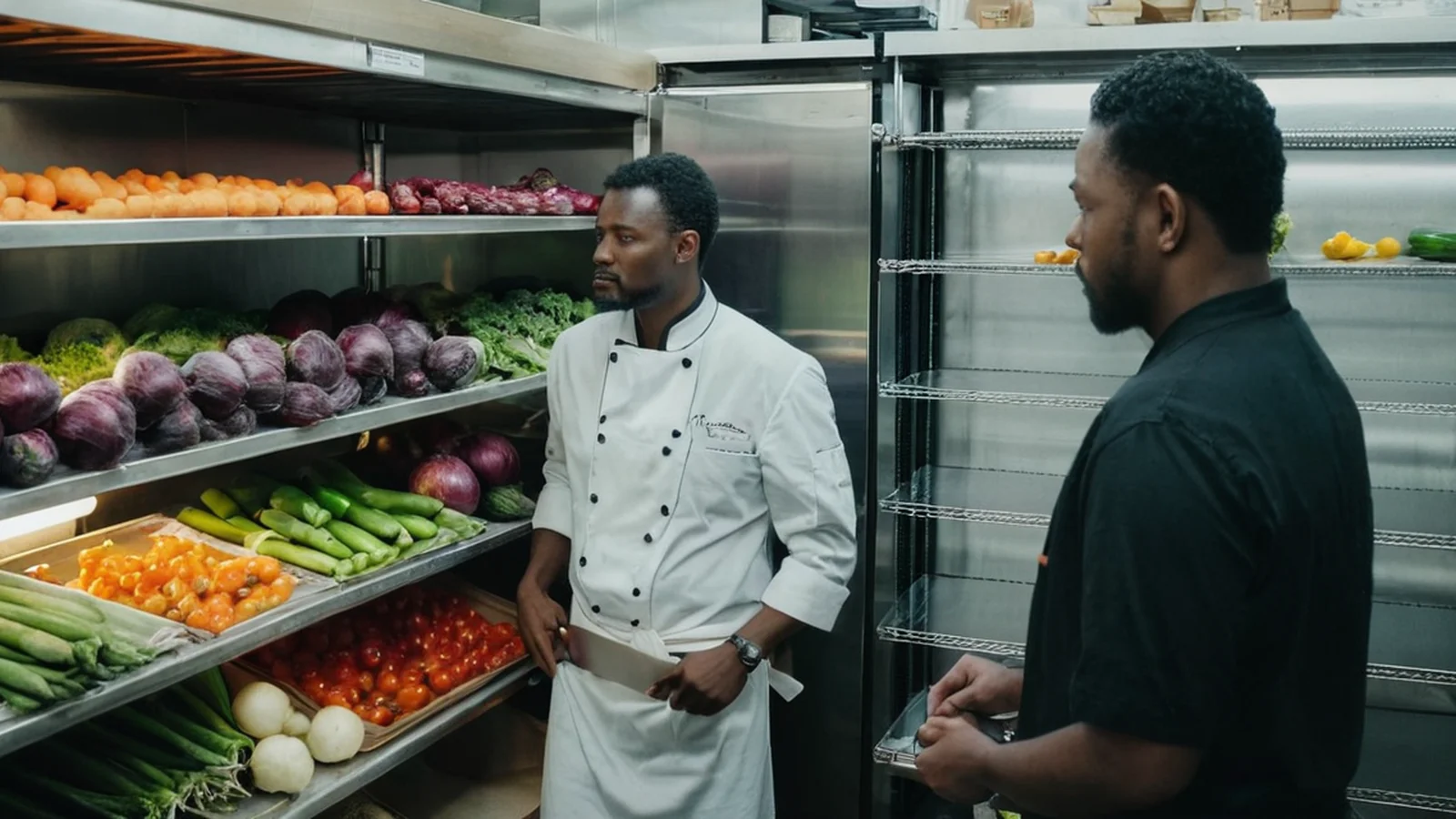 Illustration of a cook in a white chef jacket and an adult in a dark shirt standing inside a restaurant walk-in cooler beside shelves of vegetables.