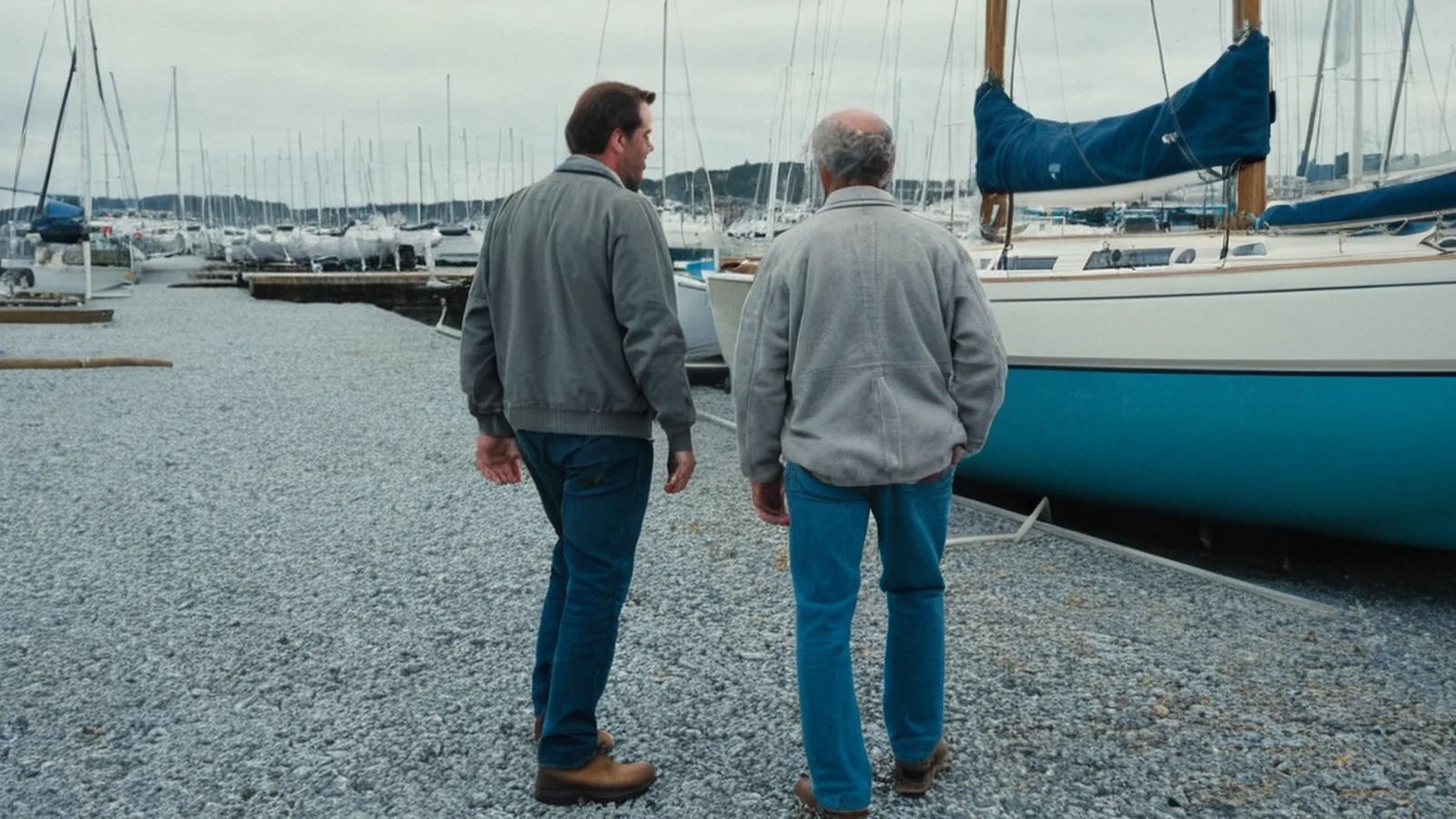 Illustration of two men in grey jackets walking away across a gravel boatyard beside a sailboat with a turquoise hull resting on a metal cradle.