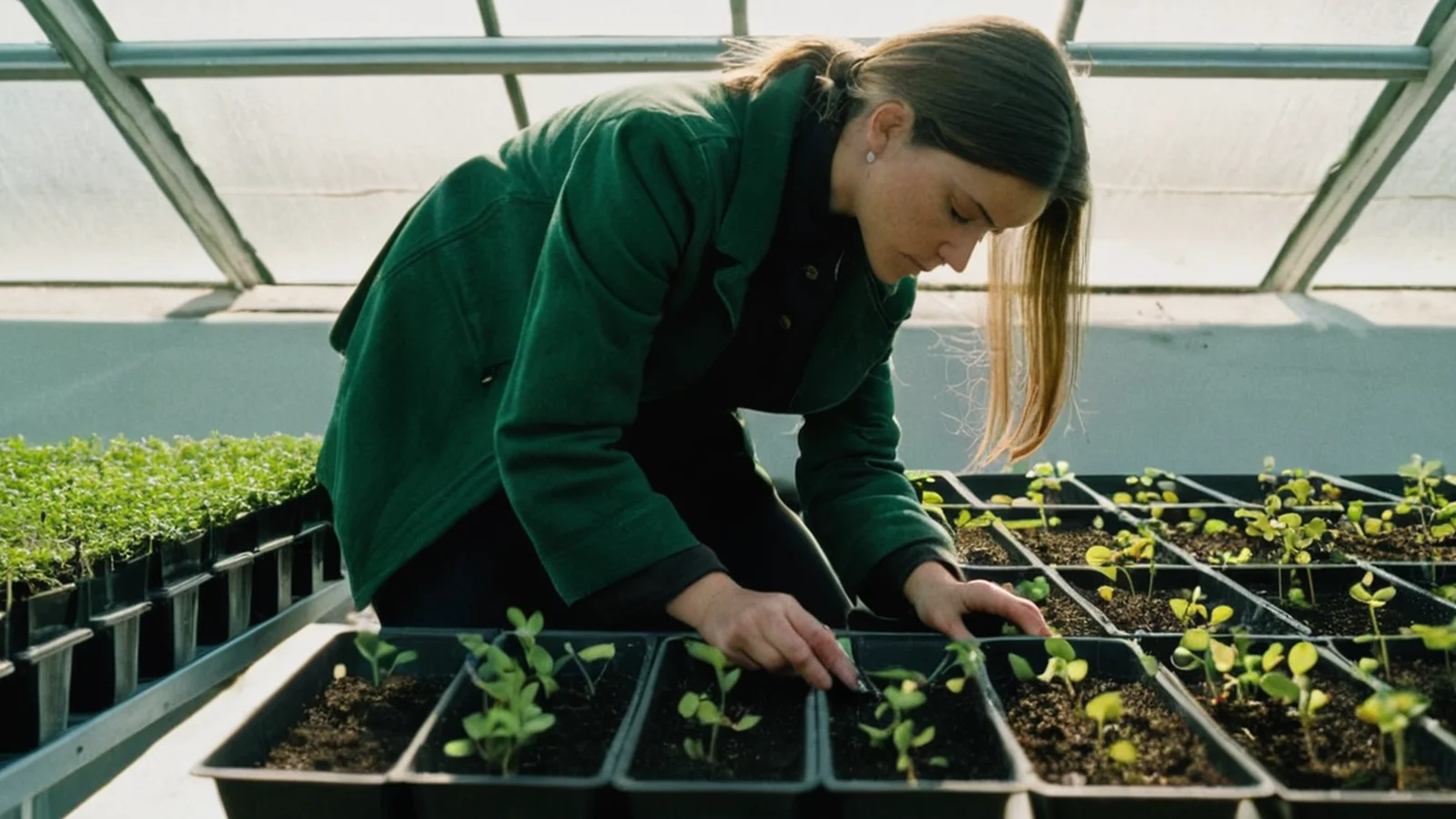 Illustration of a grower in a dark green jacket leaning over black trays of young seedlings on a greenhouse bench, fingertips touching the soil.