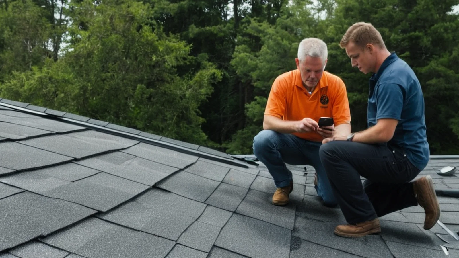 Illustration of a roofer in an orange polo shirt holding a phone and a visitor in a navy shirt crouching together on a grey shingle roof.