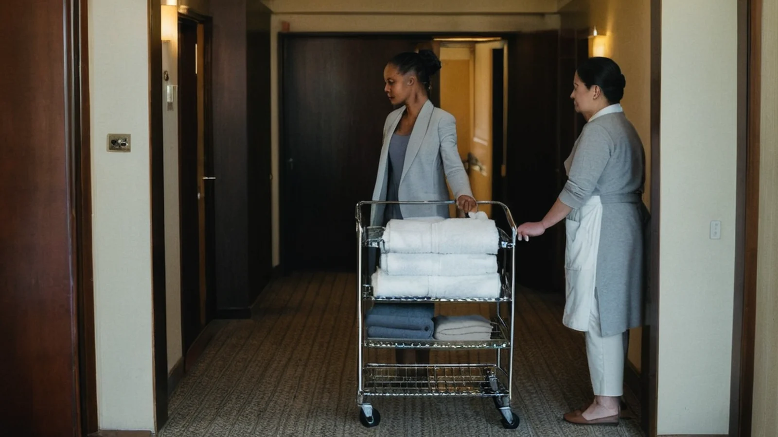 Illustration of a hotel housekeeper in a grey dress and white apron and a visitor in a light grey blazer standing at a towel cart in a hotel corridor.