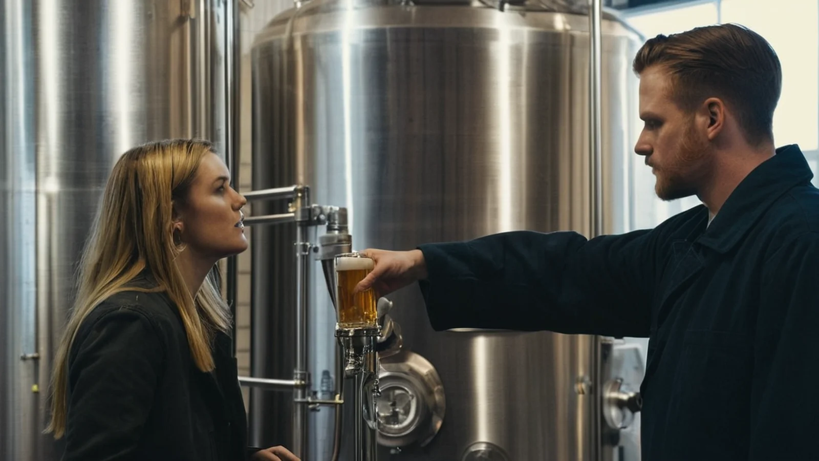 Illustration of a man in a dark jacket holding a glass of beer at a sample valve on a steel brewery tank while a woman with long fair hair watches.