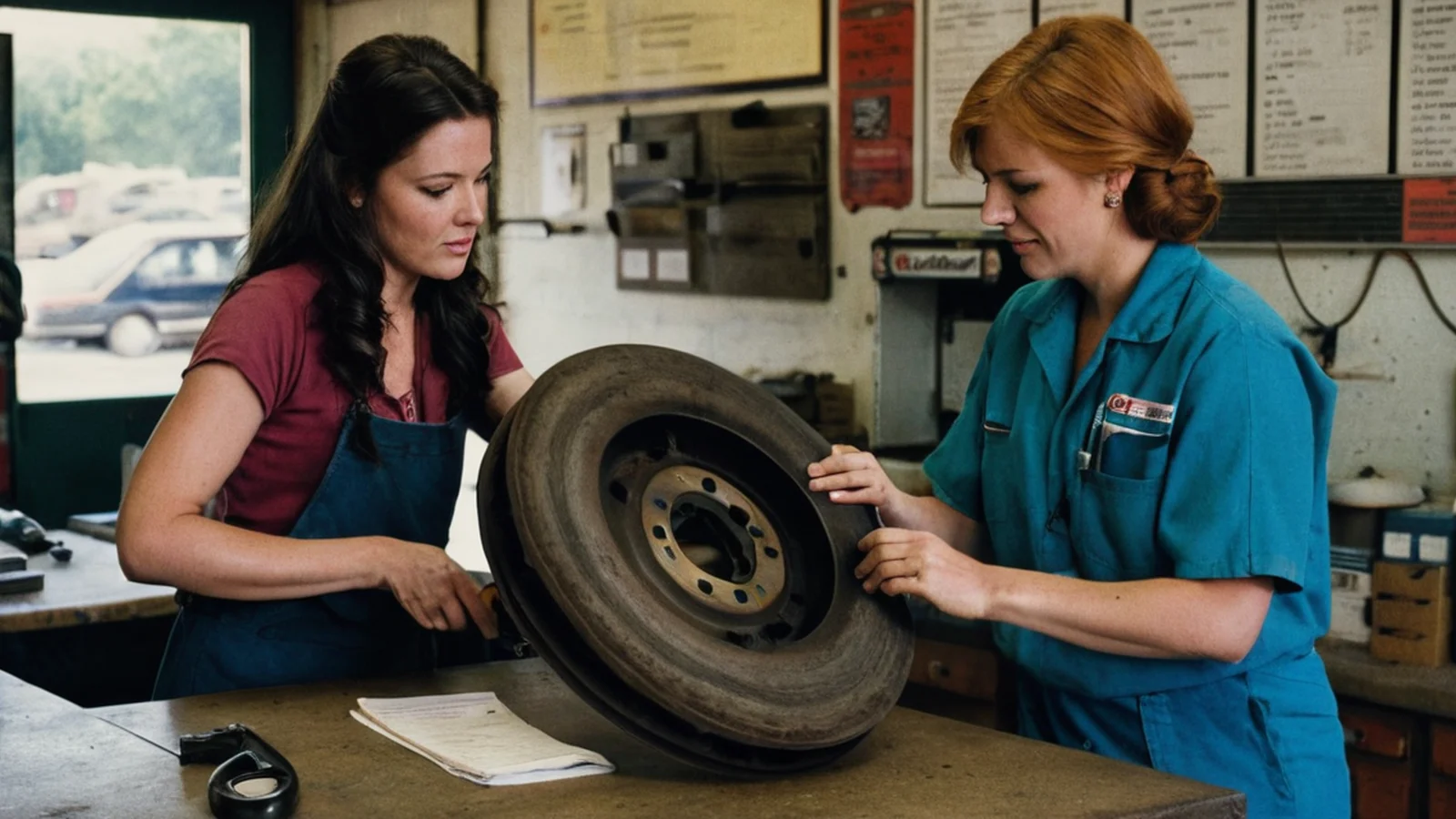 Illustration of an auto repair technician in a teal work shirt holding a worn brake rotor across a shop counter toward a woman in a red shirt and denim apron.