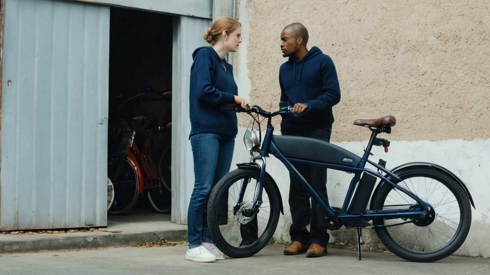 Illustration of two adults discussing an electric bicycle outside a workshop.