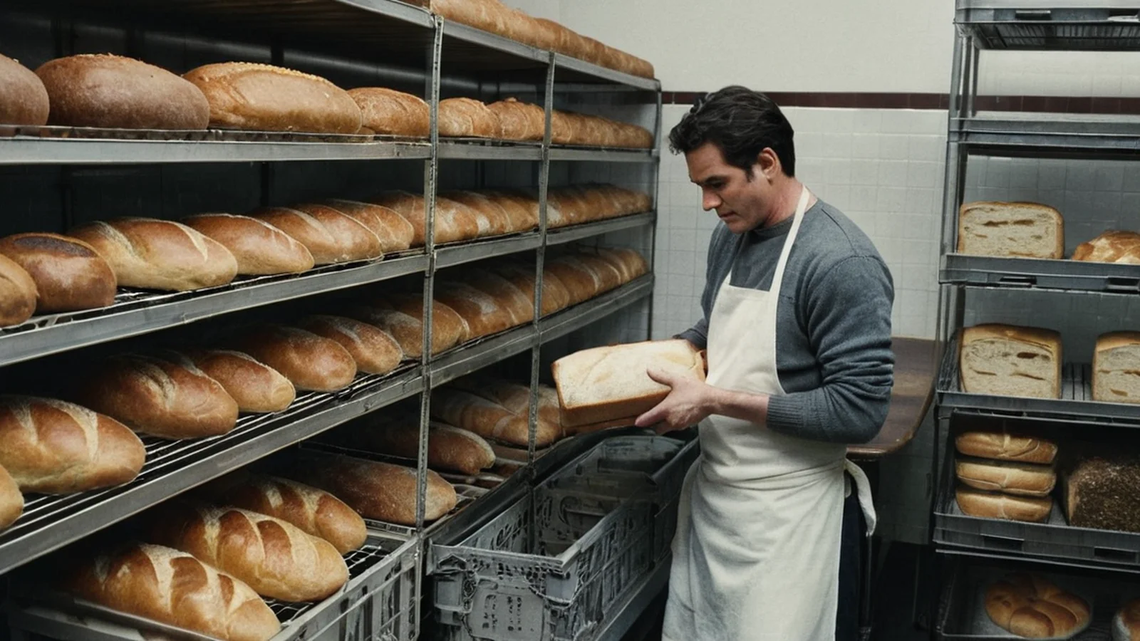 Illustration of a baker in a white apron and grey sweater lifting a loaf from racks of unsold bread toward a grey plastic crate in a bakery back room.