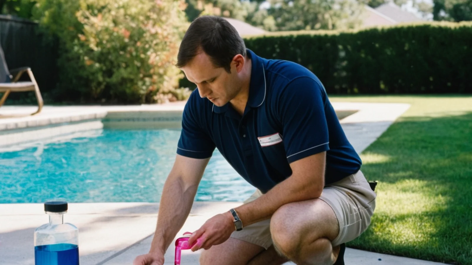 Illustration of a pool service technician in a navy polo shirt crouching at the edge of a backyard pool with a pink water test vial and a bottle of blue liquid.
